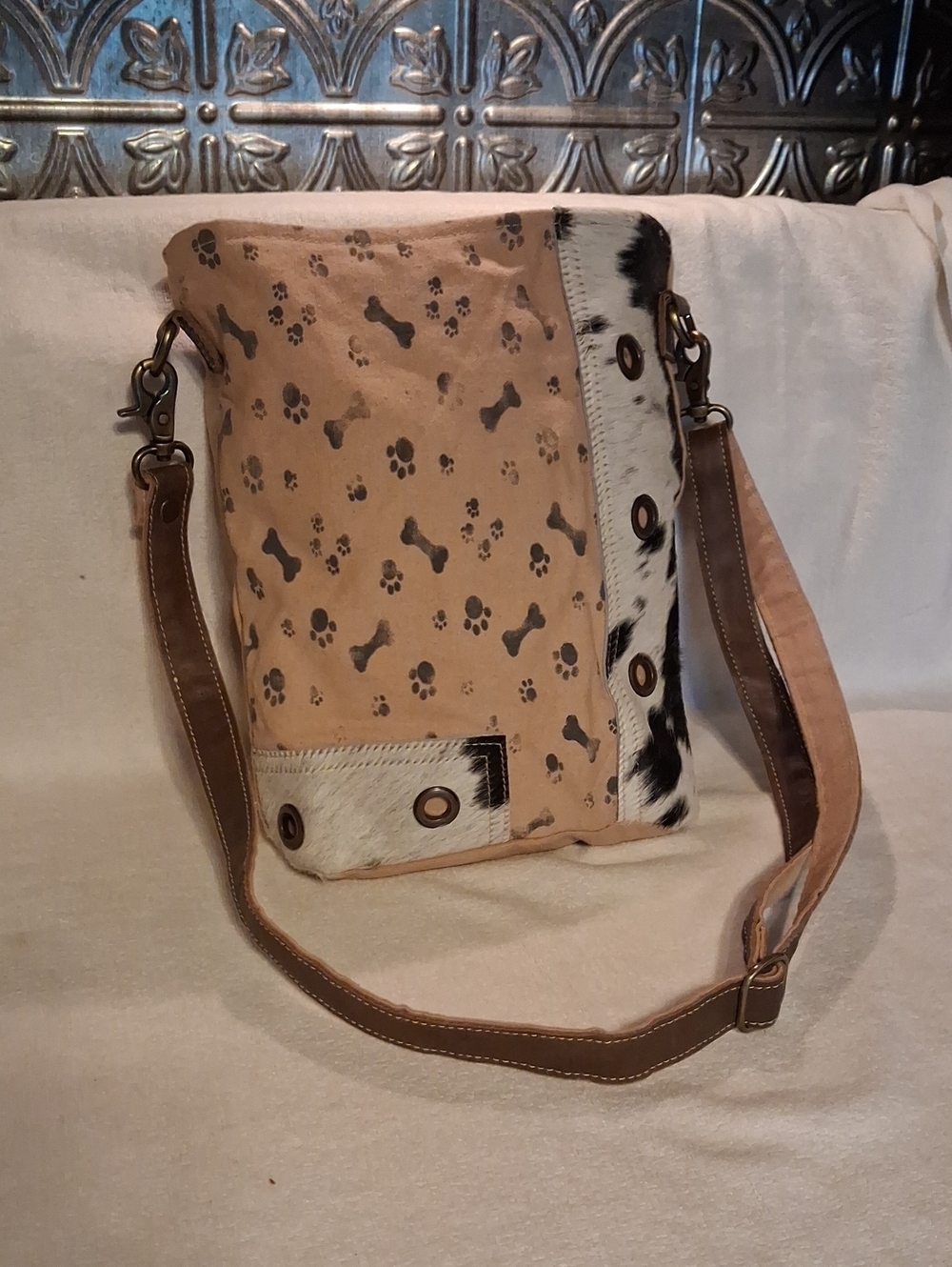 Clea Ray Paw-Print Crossbody Bag - Black & White Cowhide